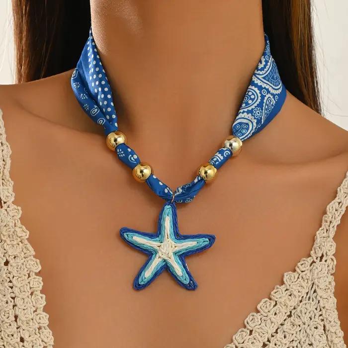 Collier ras du cou bandana bleu bohème pour femme
