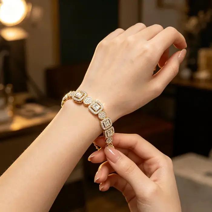 Bracelet tennis rectangulaire en zircon plaqué argent pour femme