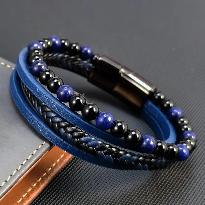 2025 nouveau Punk hommes Bracelets de perles classique mode bleu lapis lazuli perlé multicouche Bracelet en cuir