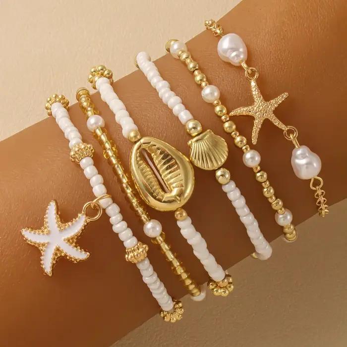 Ensemble de bracelets en perles de riz coquillage, multicouches, avec pendentifs étoile et étoile de mer, empilables, style bohème rétro, bijoux de plage