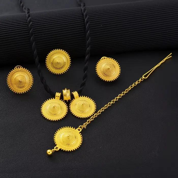 Parures de bijoux éthiopiens : pendentif rond, boucles d'oreilles, bague, chaîne de tête – Ensembles