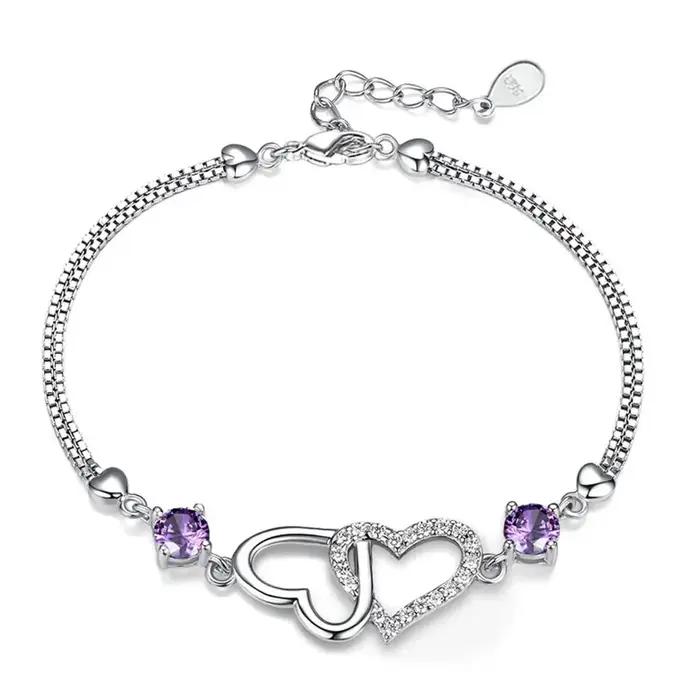 Bracelet en argent Sterling S925 incrusté d'améthyste orné de Zircon en forme de cœur pour femmes