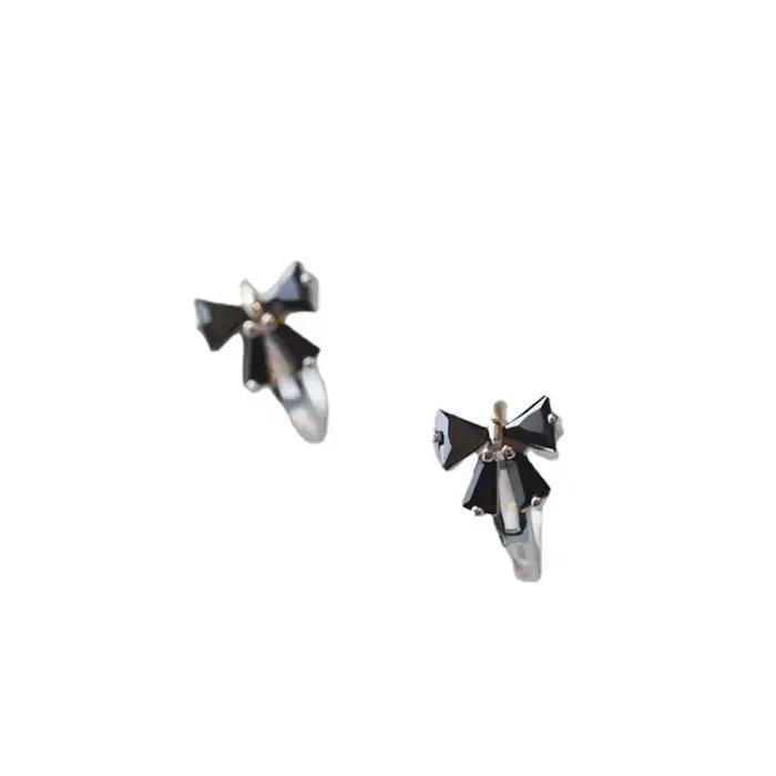Boucles d'oreilles à nœud noir en argent Sterling 925 véritable pour femmes