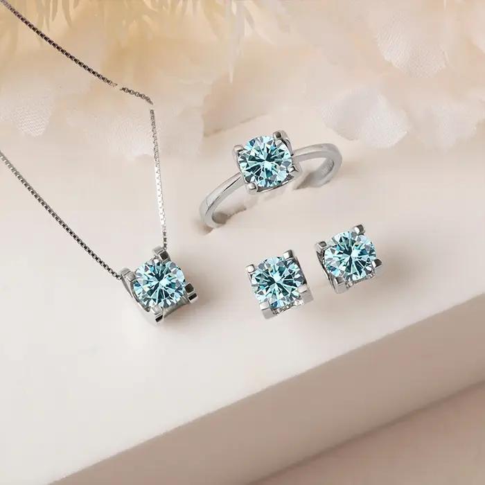 Ensemble de bijoux en moissanite 1 carat couleur D VVS avec bague, boucles d'oreilles et collier en argent sterling 925 pour mariage femme occasions spéciales