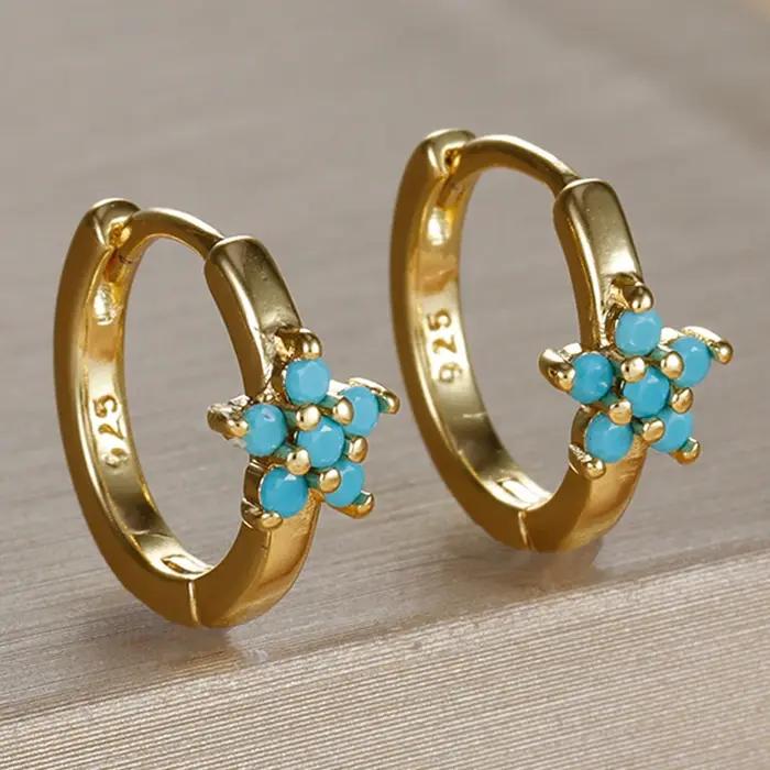 Boucles d'oreilles rondes en métal avec motifs floraux bleu turquoise pour femmes et filles, bijoux de festival, cadeaux ZAKOL