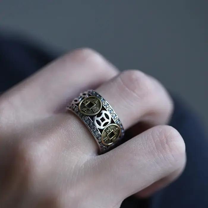 Bague d'ouverture de pièce de monnaie en cuivre rétro chinois pour hommes et femmes