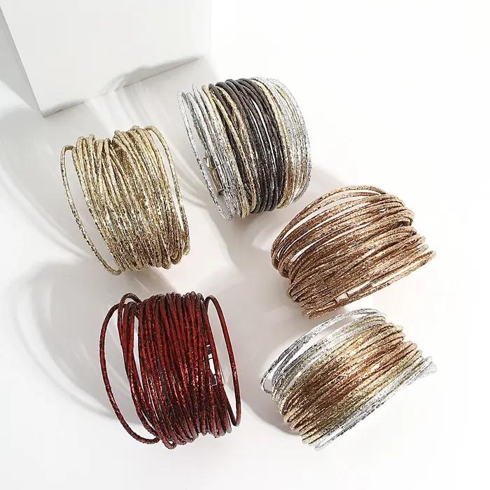 Amorcome Simple couleur mixte brillant Bracelets en cuir pour Femme mode Boho bandes multicouches large Bracelet
