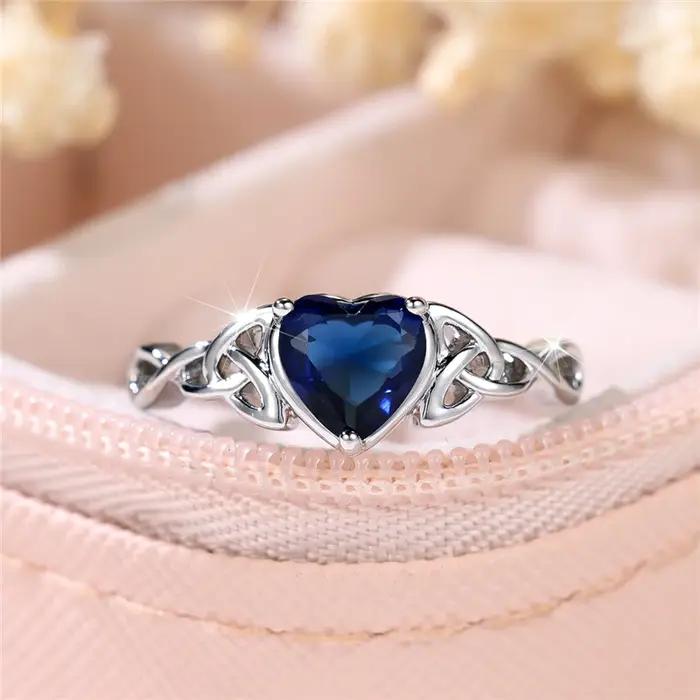 Bague de fiançailles en forme de cœur en pierre de Zircon bleu pour femme
