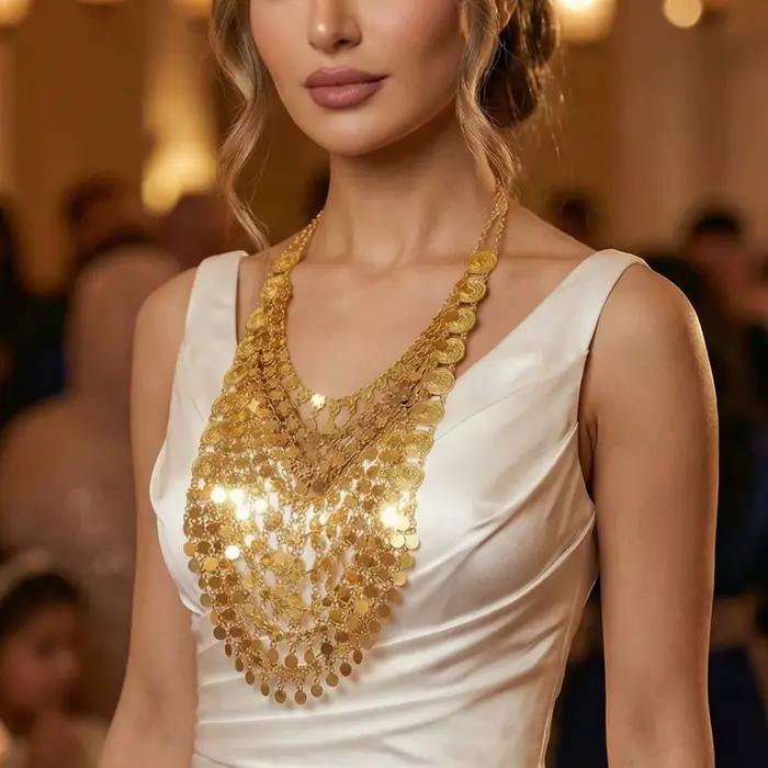 Collier Statement Multicouche en Métal Doré Style Arabe avec Pendentif Monnaie et Pompon