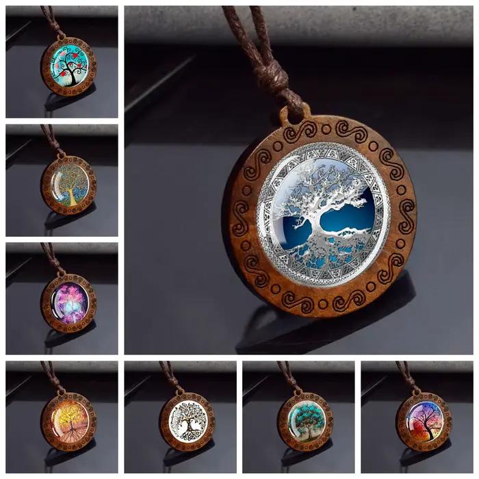 Collier en bois arbre de vie cabochon en verre pendentif ajustable pour femmes et hommes bijou vintage occasionnels