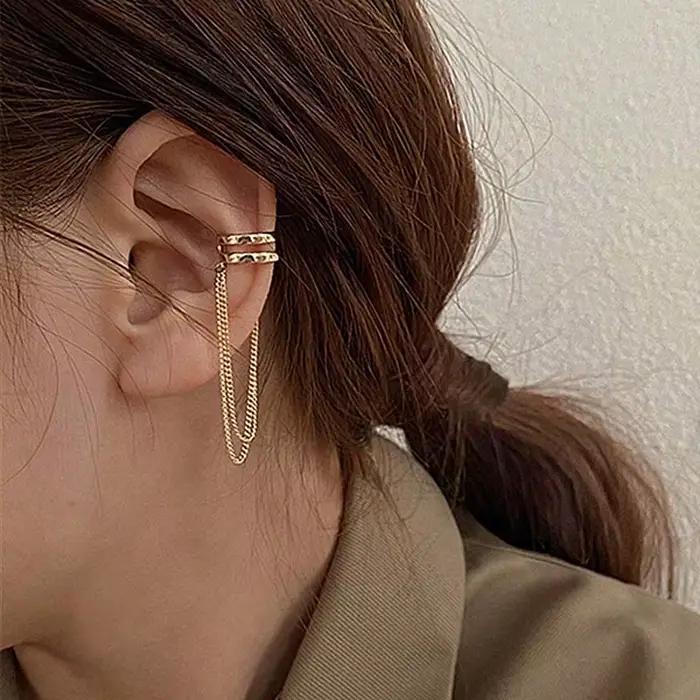 Boucle d'oreille à pampilles en cristal pour femmes, couleur argent, manchette Non percée, Clip d'or