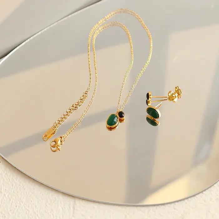 Amaiyllis 18k or vert/noir Agate forme irrégulière Double pendentif collier longue chaîne clavicule