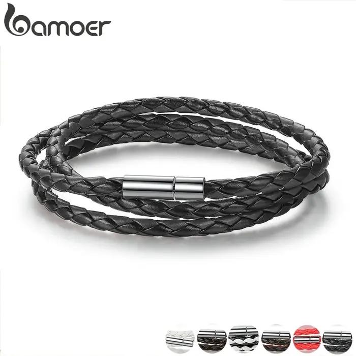 BAMOER Bracelet en cuir PU multicouche tressé longue chaîne boucle magnétique réglable unisexe pour femmes et hommes bijoux empilables