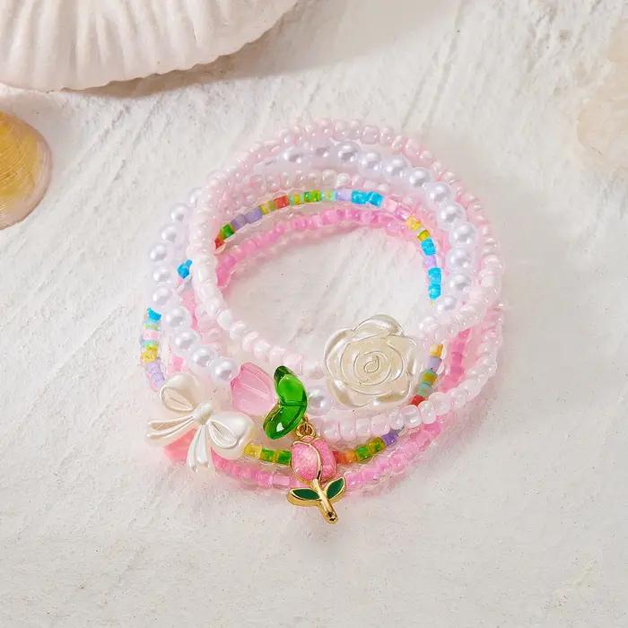 Ensemble de bracelets délicats à fleurs et perles pour femmes, breloques rose et tulipe, imitation p