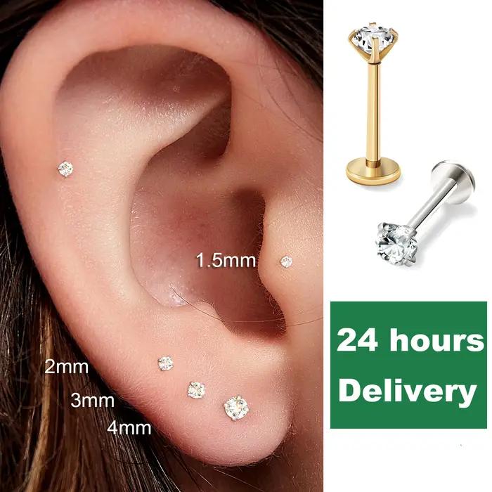 Boucles d'Oreilles Tragus en Acier Inoxydable Zircone Cubique pour Piercings Cartilage Conque Daith Lobe d'Oreille Femmes Occasions Spéciales Élégantes Minimalistes