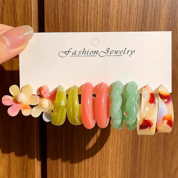 Boucles d'oreilles en résine en forme de C à fleurs colorées pour femmes, bijoux doux pour l'été et la plage, cadeau, accessoire de mode pour dames