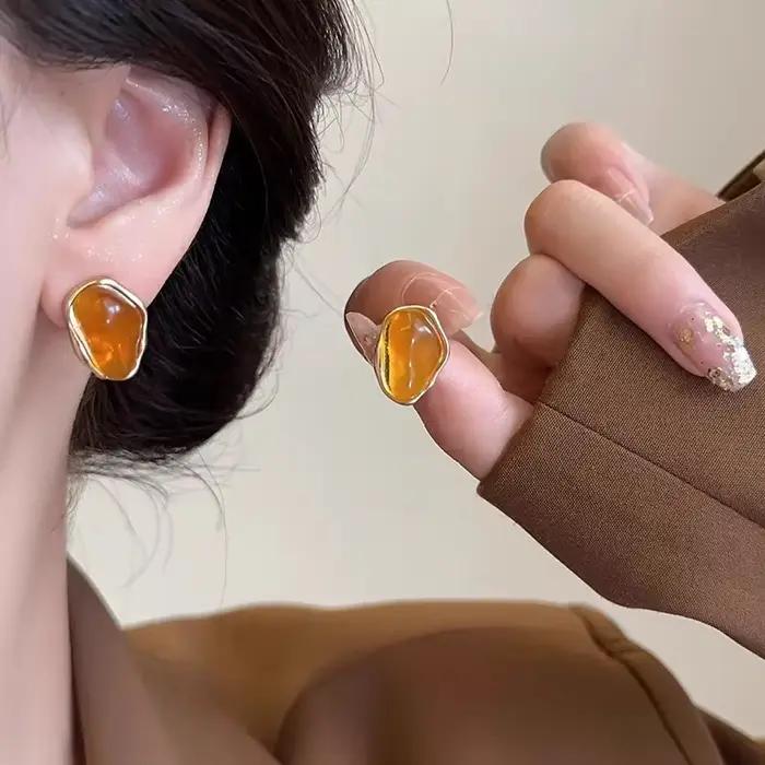 Boucles d'Oreilles Géométriques Irrégulières en Ambre pour Femme et Fille