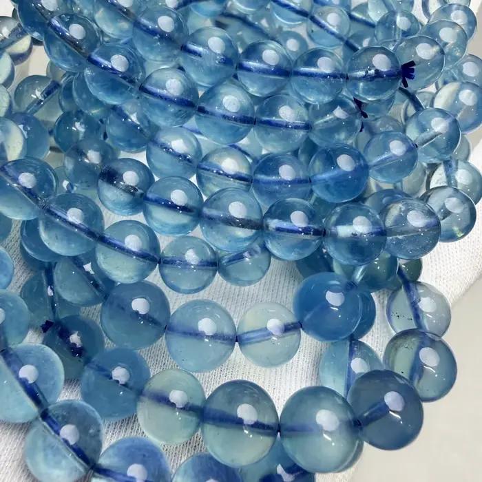Bracelet et collier de perles rondes en aquamarine bleu profond naturel 6A pour la création de bijoux fins
