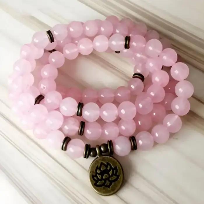 Bracelet 108 en perles de quartz rose fait à la main, bracelet à boutons de manchette pour hommes, p