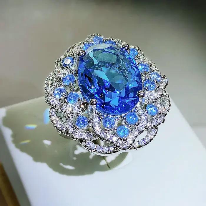 Bague à grandes fleurs en Zircon bleu scintillant pour femme