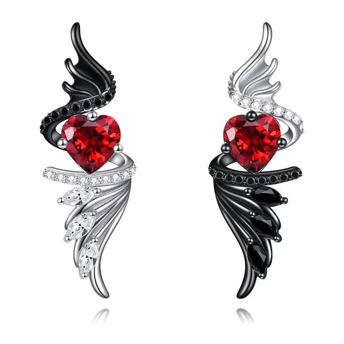 Boucles d'oreilles à ailes gothiques, clous de démon d'ange avec cœur de rubis rouge, bijoux en stra