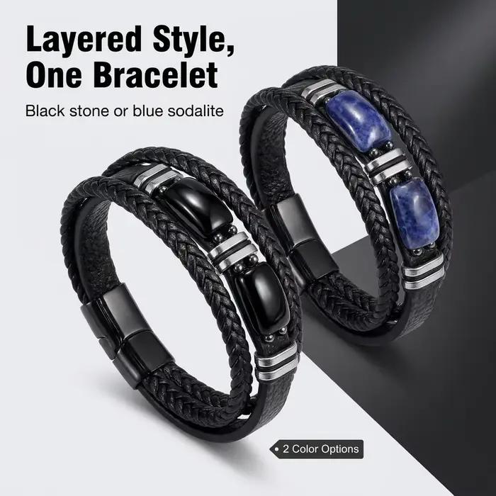 Bracelet à breloques classique pour hommes, pierre naturelle, œil de tigre, obsidienne, boucle magnétique, en cuir, bijoux cadeau pour hommes