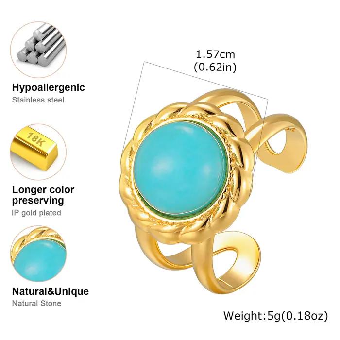 Bague Turquoise Vintage Fleur Plaqué Or Acier Inoxydable Ouverte pour Femme Bijou Tendance