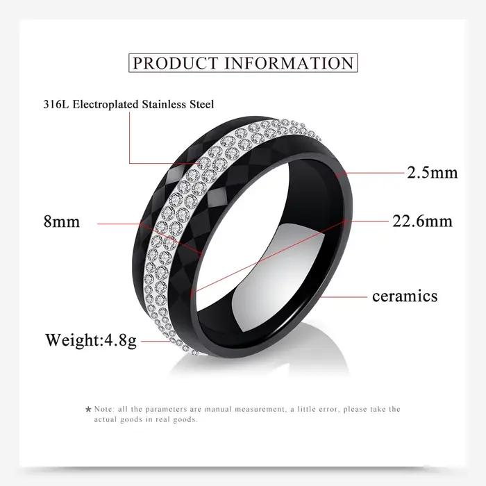 Bague de fiançailles/mariage en céramique noire et blanche avec cristal AB élégante pour femmes occasions d'engagement et mariages