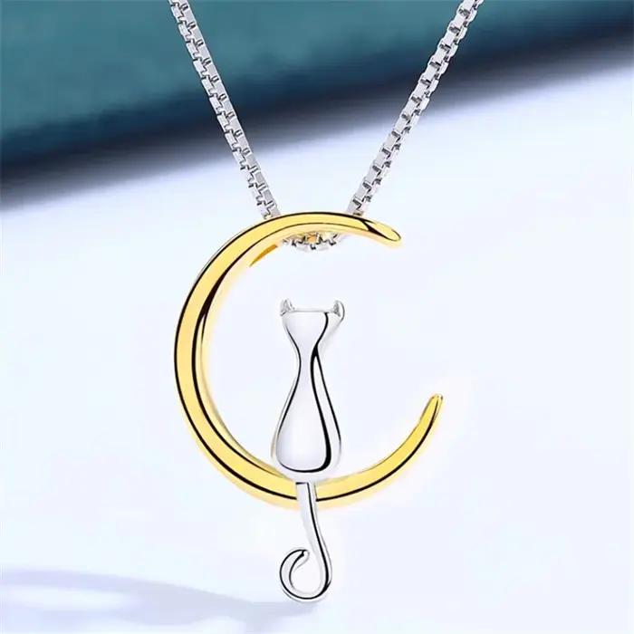 Collier le chat sur la lune en argent Sterling 925 pour femmes