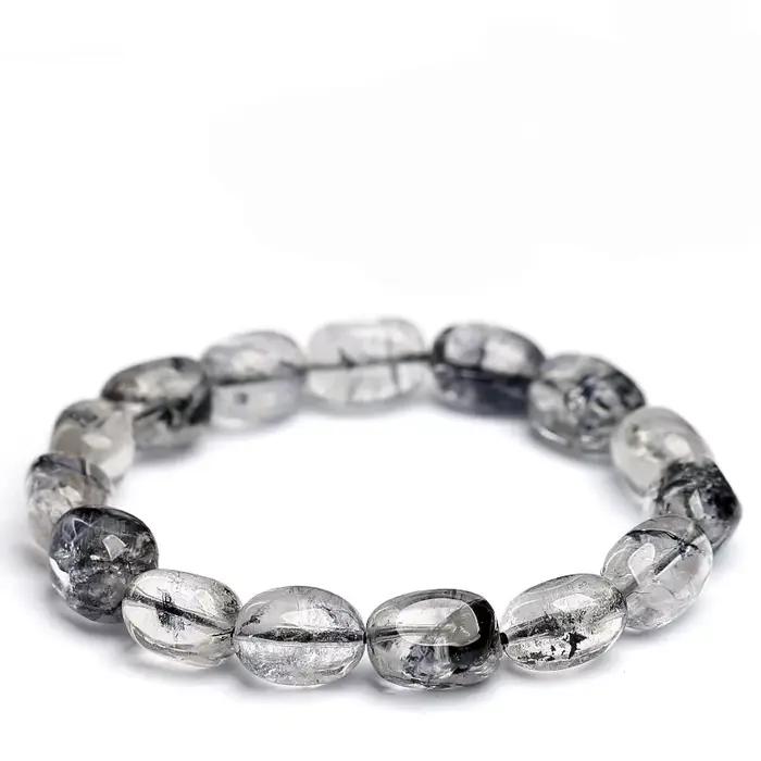 Bracelet en Diamant Herkimer Naturel pour Femme, Quartz Herkimer Noir Éclatant, Jonc Perlé Irrégulie