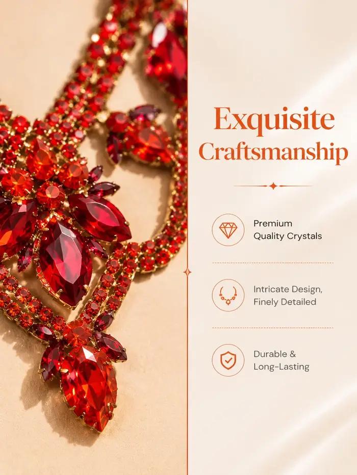 Parure de collier en verre rouge cuir avec boucles d'oreilles imposantes pour femmes pour soirées et cérémonies élégantes