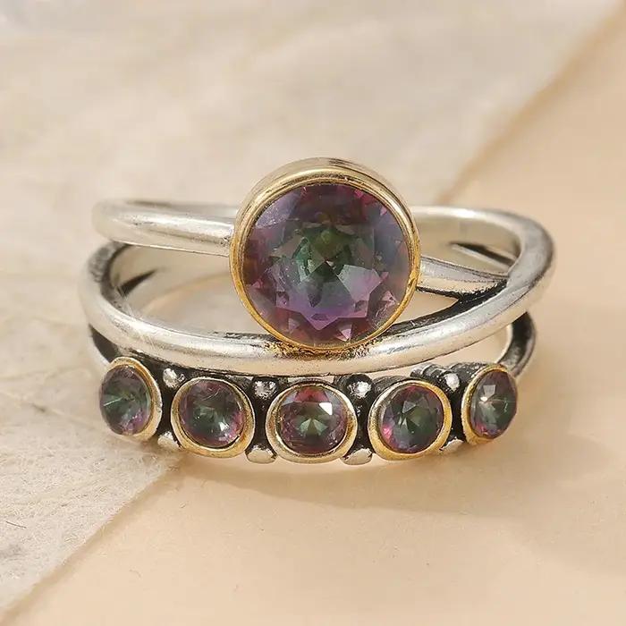 Bague antique incrustée de zircone synthétique verte plaquée argent pour femme