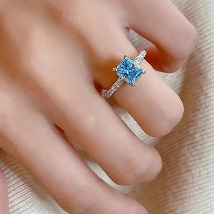 Bagues en argent Sterling 925 avec Zircon carré bleu pour femmes