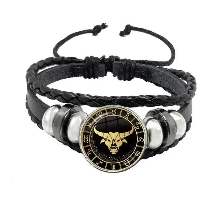 Bracelet des 12 Constellations Scorpion Sagittaire Capricorne Verseau Corde Noire Bouton en Cuir Bijoux du Zodiaque Cadeau Occasion Spéciale