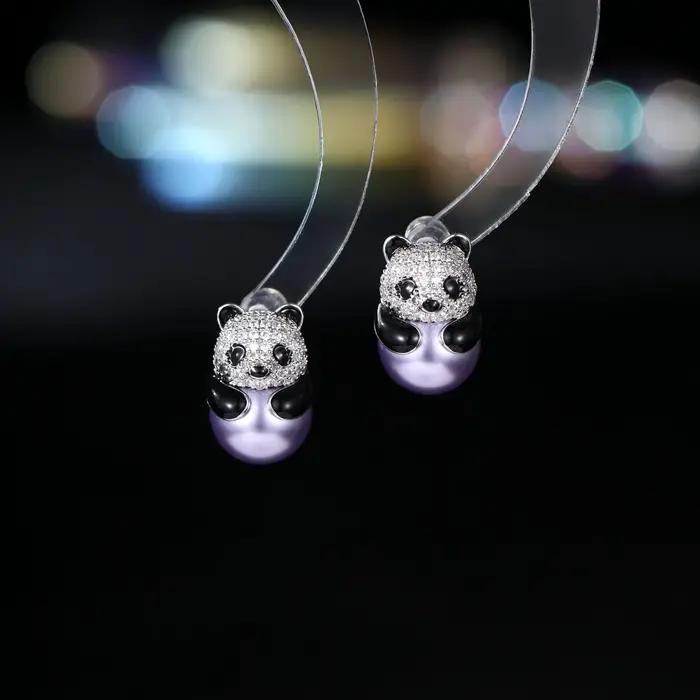 Boucles d'oreilles panda mignonnes en zircon micro-pavé et perles, aiguille en argent S925, accessoi