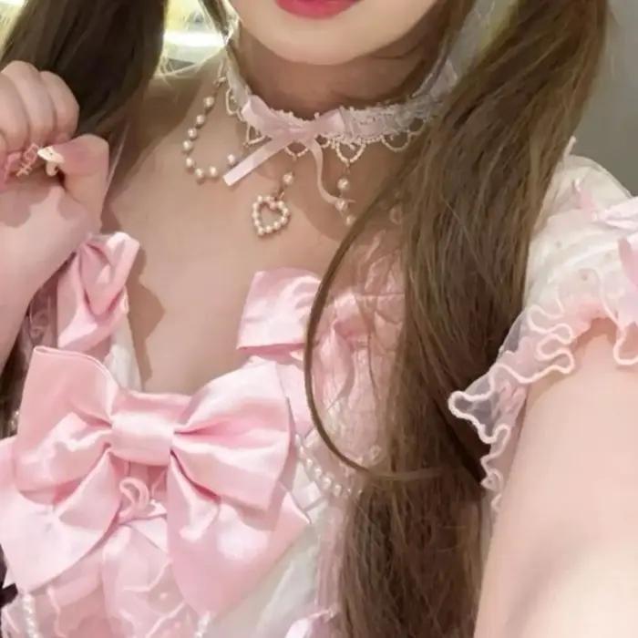 Collier en dentelle perlée Sweet Lolita Y2K nœud papillon pour femmes romantique mignon occassions spéciales quotidienne