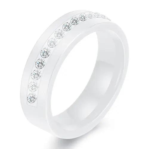 Bague de fiançailles en céramique noire et blanche avec une rangée de zircons australiens pour femmes