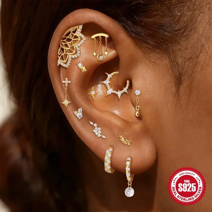 Boucles d'oreilles en argent sterling 925 motif géométrique lotus zircon pour femme et homme occasions spéciales soirée partenaire cadeau