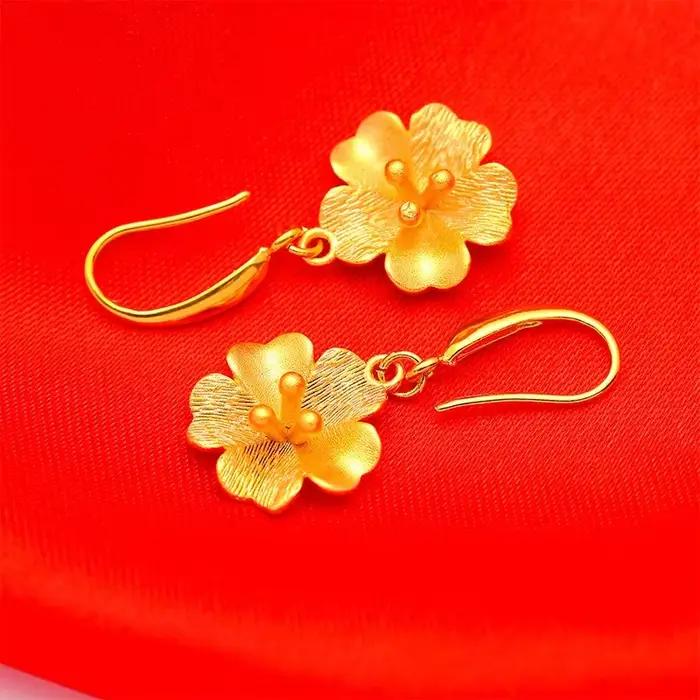 Véritable 18k couleur or fleur longue boucle d'oreille pour les femmes mariée mariage usage quotidien plaqué or boucle d'oreille bijoux cadeaux