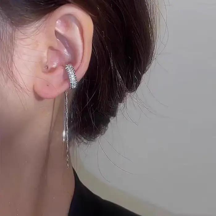 LATS – boucles d'oreilles à pampilles en cristal pour femmes, couleur argent, manchette Non perçante