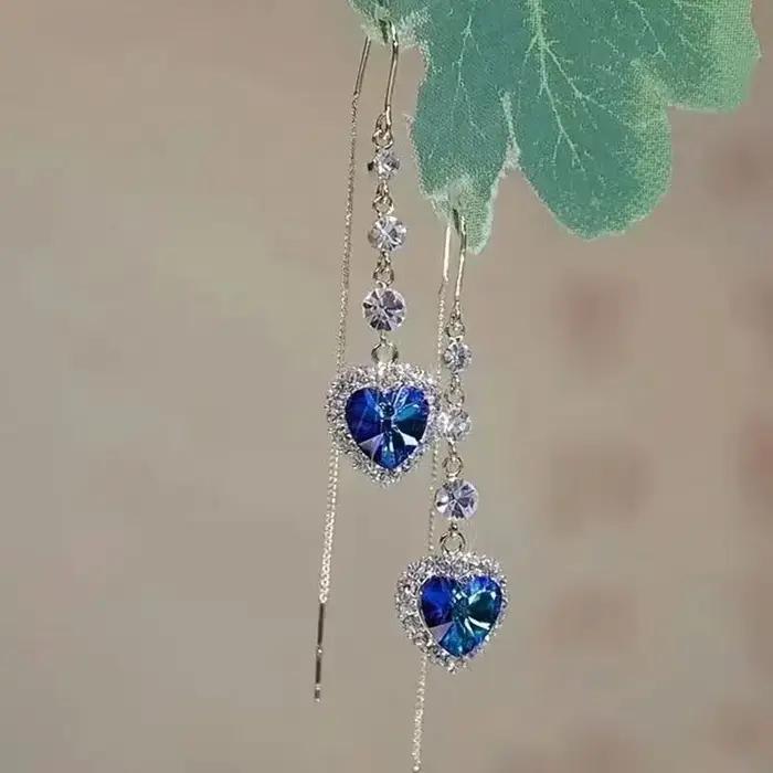 Boucles d'oreilles en Zircon bleu en forme de cœur pour femmes