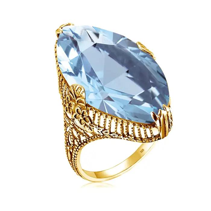 Bague de cocktail royale vintage en argent sterling 925 véritable avec grande pierre ovale en aquamarine bleu ciel pour femme