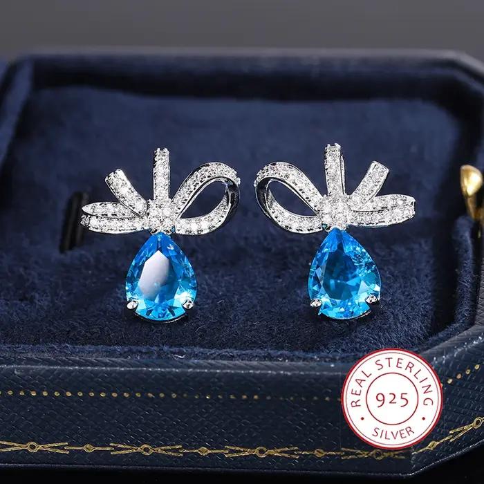 Boucles d'oreilles plaquées argent 925 en Zircon bleu AAAA pour femmes