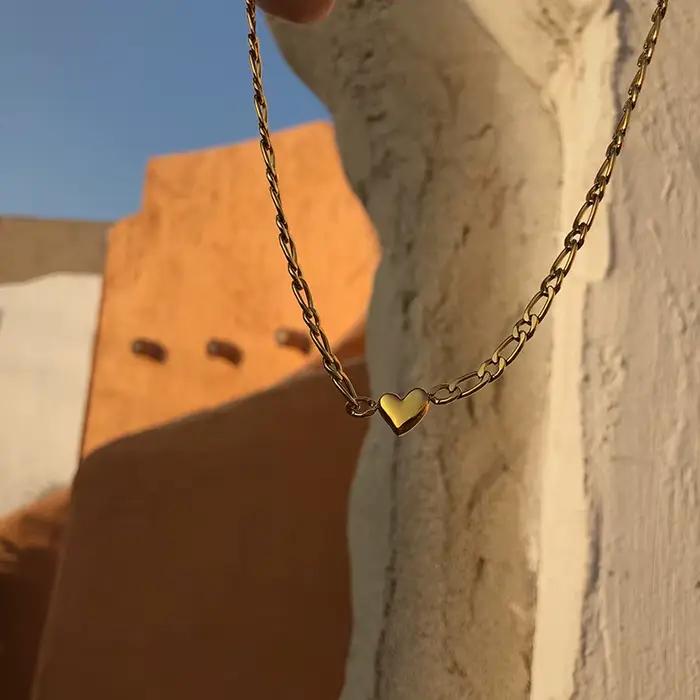 Amaiyllis-Collier Figaro en Or 18K avec Cœur de Pêche, Ras du Cou, Clavicule, Bijoux Boho Faits à la Main