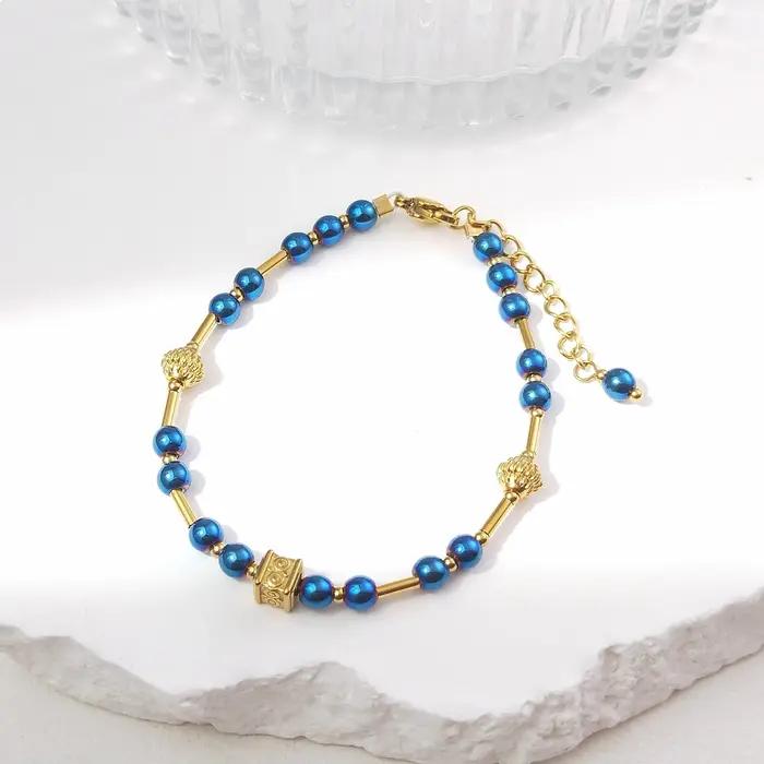 Lii Ji – Bracelet en acier inoxydable avec perles bleues Aurora, bijoux faits à la main, à la mode,