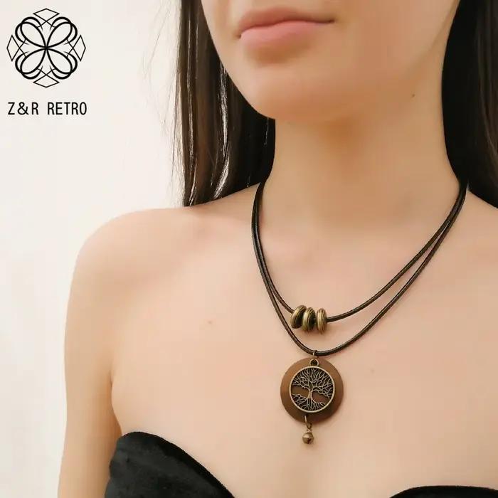 Tour de cou vintage arbre de vie en bois pour femme