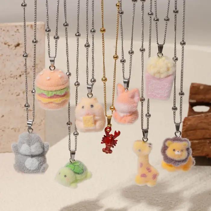Collier pendentif 3D animal marin mignon en résine floquée bijoux délicats pour filles style Y2K océan fantastique tortue girafe hamburger bijou enfant occasions spéciales