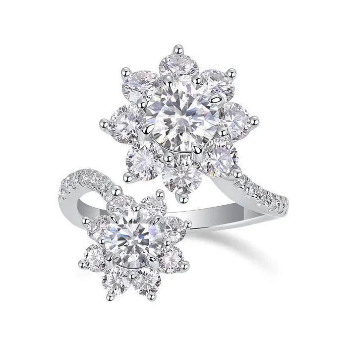 BXINY luxe complet Moissanite anneaux S925 argent pour les femmes Double soleil fleurs réglable fiançailles bandes de mariage cadeau bijoux GRA