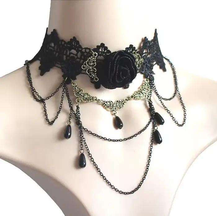 Collier gothique victorien en dentelle noire avec pendentif cristal pour femmes et filles occasions spéciales soirée festive