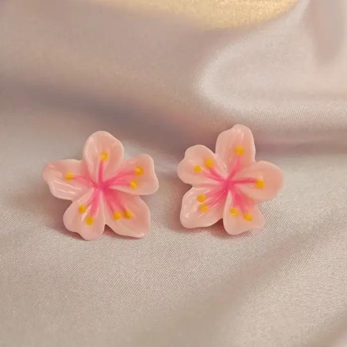 Boucle d'oreille en résine rose sans fleurs pour femme, clou de fleur de Sakura, accessoire de bijoux doux et mignon, cadeau de mariage pour fille, géométrie